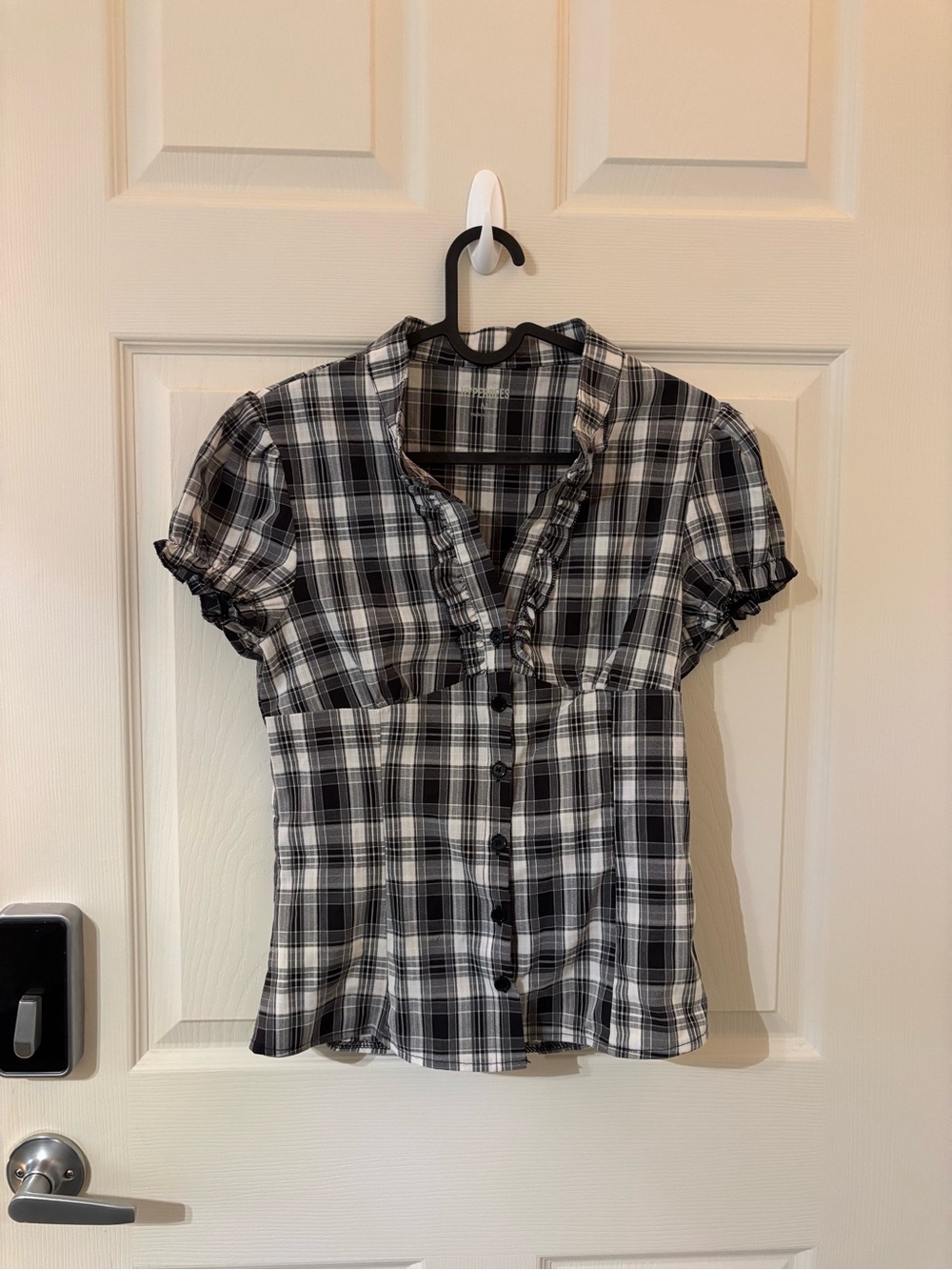 Black and White Plaid Ruffle-Trim Button Front Women's Top